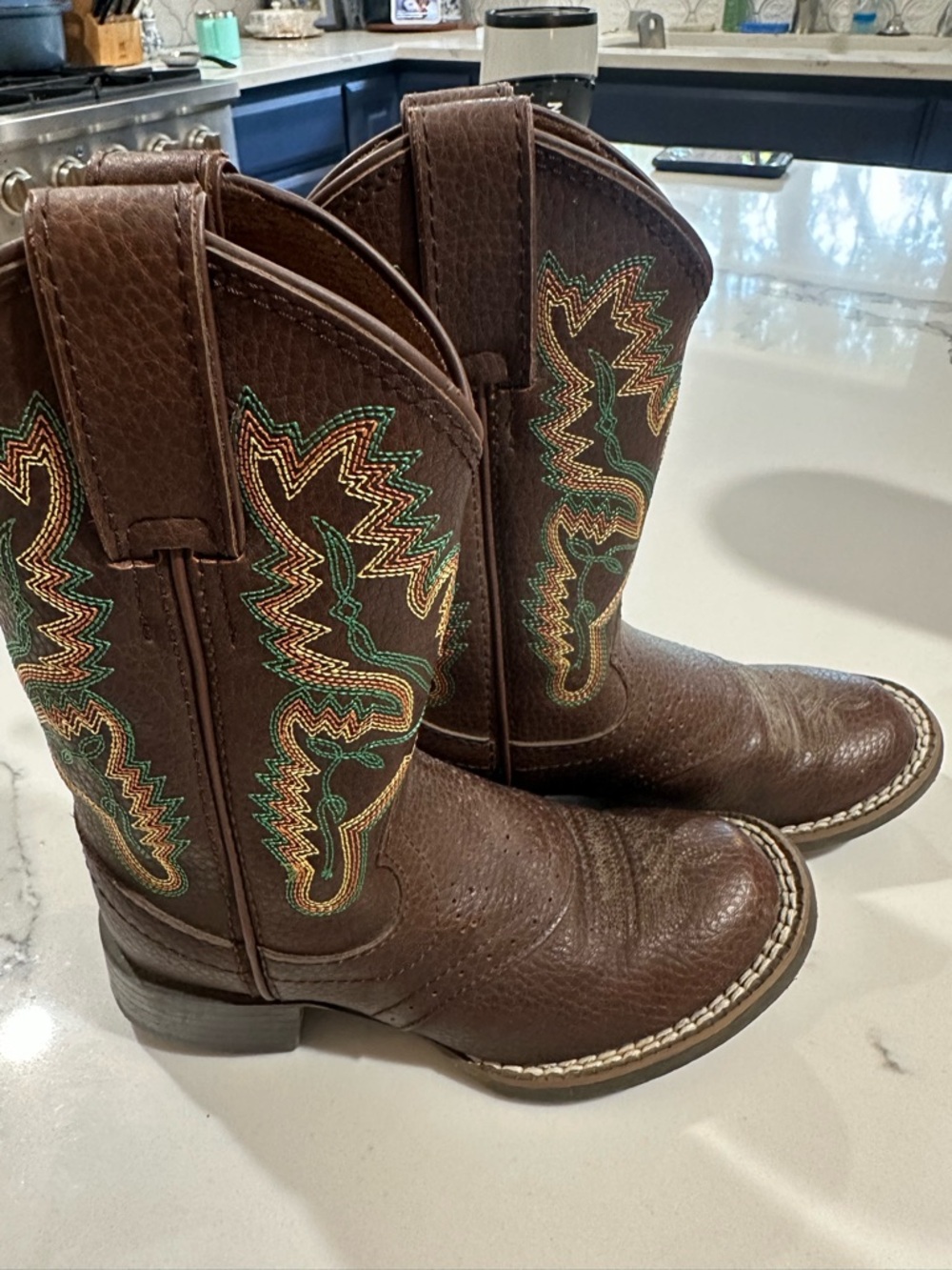 Justin Boots Brown Leather Western Boots with Multicolor Stitching - Picture 4 of 4